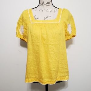 J. Crew Yellow Linen Embroidered Peasant Top